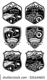 set of retro badges with car and motorcycle on the background with mountains