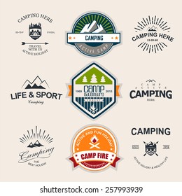 Set of retro badges and label logo graphics. Camping badges and travel logo emblems
