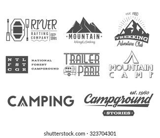 Set of retro badges and label logo graphics. Camping, mountain emblems and travel, RV insignia. Monochrome vintage design. Family, canoe campsite, equipment shop etc. Vector illustration