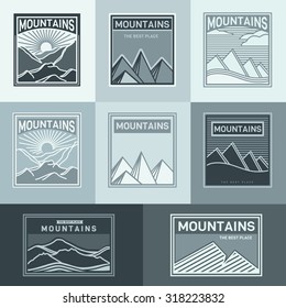 Set of retro badges, logos and labels of vector mountains. Landscape badges and travel logo emblems