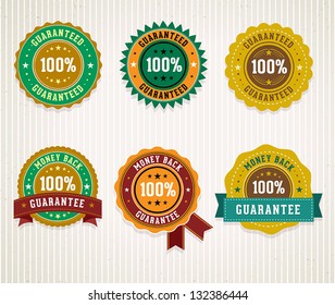 Set of retro badges.  Money back guarantee and 100% guaranteed labels. Vector.