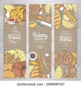 Set of retro bakery banners on cardboard. Bakery products illust