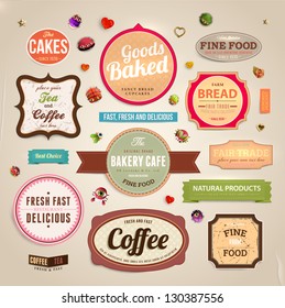 Set of retro bakery and coffee labels, ribbons and cards for vintage design, old paper textures