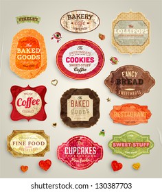 Set of retro bakery and coffee labels, ribbons and cards for vintage design, old paper textures