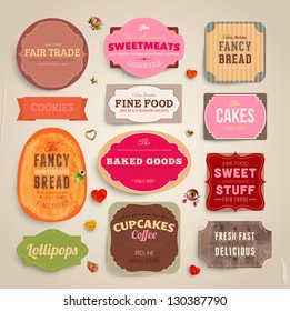 Set of retro bakery and coffee labels, ribbons and cards for vintage design, old paper textures