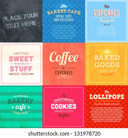 Set of retro bakery label cards for vintage design, old paper textures and seamless ornaments