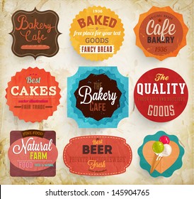 Set of retro bakery label cards for vintage design, old paper textures and seamless patterns. Vintage paper background.