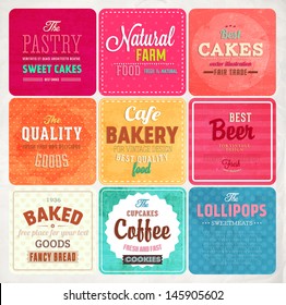 Set of retro bakery label cards for vintage design, old paper textures background and seamless patterns