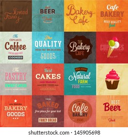 Set of retro bakery label cards for vintage design, old paper textures background