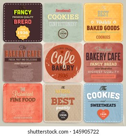 Set of retro bakery label cards for vintage design, old paper textures background and seamless patterns