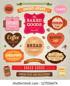 Set of retro bakery labels, ribbons and cards for vintage design, old paper textures