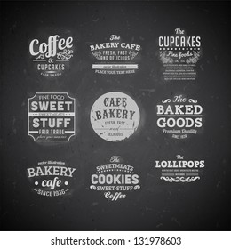 Set of retro bakery labels, ribbons and cards for vintage design, Chalk typography design on blackboard