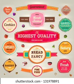 Set of retro bakery labels, ribbons and cards for vintage design, old paper textures