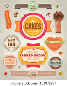 Set of retro bakery labels, ribbons and cards for vintage design, old paper textures and seamless ornaments