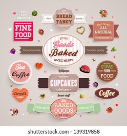 Set of retro bakery labels, ribbons and cards for vintage design, old paper textures