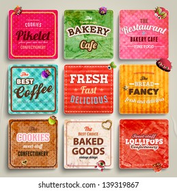 Set of retro bakery labels, ribbons and cards for vintage design, old paper textures