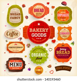 Set of retro bakery labels, ribbons and cards for vintage design, old paper retro textures. Vector illustration.