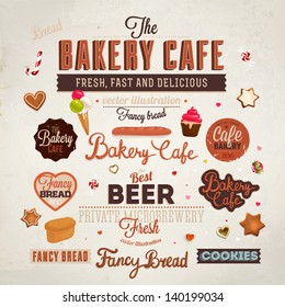 Set of retro bakery labels, ribbons, calligraphic design elements and cards for vintage design, old paper textures