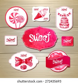 Set of retro bakery labels, ribbons and cards for design on wood texture