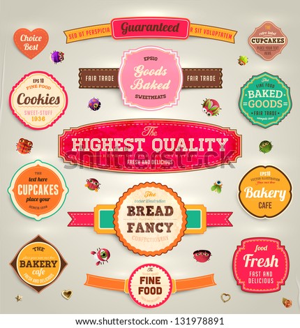 Set of retro bakery labels, ribbons and cards for vintage design, old paper textures