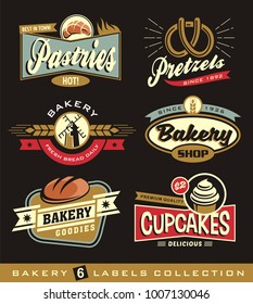 Set of retro bakery shop design elements. Vector badges, labels, emblems, signs and promotional stickers collection for baking industry. Pastries, bread,. pretzels, cakes and cupcakes.
