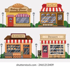 Set of retro bakery shop facade detailed with modern small buildings