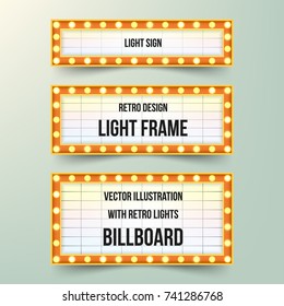 Set of retro banners with bulbs. Vintage retro light frames. Light signs in classic design. Vector illustration. 