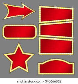 Set of retro banners different forms with space for text, red color with gold bright stroke, vector