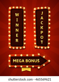 Set of retro banners with glowing lamps. Vector illustrations with shining lights in vintage style. Labels for winners of poker, cards, roulette and  lottery.