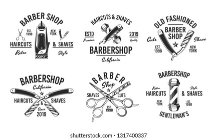 Set of retro barbershop logos. Isolated on white background. Vector emblems templates