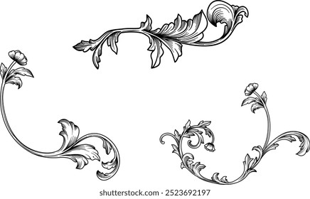 Set of Retro Baroque Victorian Damask patterns decorations element with swirl, scroll, filigree, flourishes calligraphic ornament. Rococo Oriental hand drawn vector.