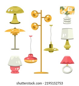 Ensemble de lampes de chevet, de bureau et de plafond rétro des années 60. Des éléments décoratifs modernes du milieu du siècle. La décoration scandinave. Esthétique hygge chaleureux. Dessin à plat à la main