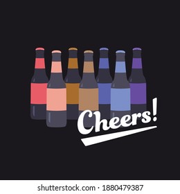 Set of retro beer bottles. Vector icons on background. Retro beer illustrations. Vintage cold beer collection with labels design. Cheers!