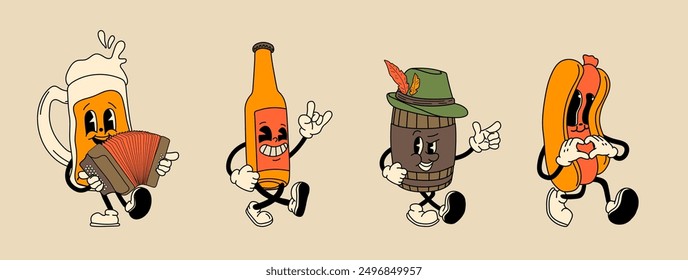 Conjunto de cerveza retro, personaje de mascota Hot Dog. 40s, 50s, 60s viejo estilo de la animación. Mascota del Oktoberfest