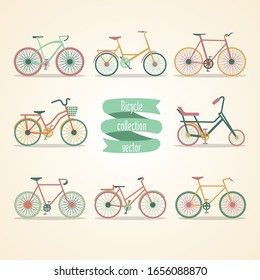 Set of retro bicycles isolated on white background in modern flat style. Vintage bicycles. Old retro style. Vector illustration