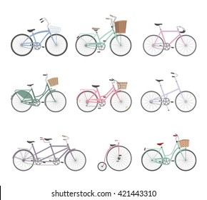 Set of retro bicycles isolated on white background in modern flat style. Vintage bicycles. Old retro style. Vector illustration