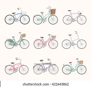 Set of retro bicycles isolated on white background in modern flat style. Vintage bicycles. Old retro style. Vector illustration