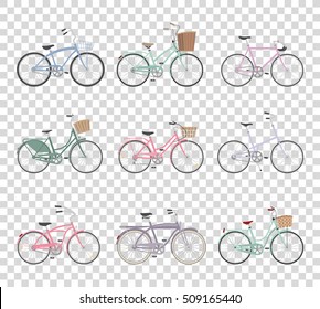 Set of retro bicycles isolated on transparent background in modern flat style. Vintage bicycles. Old retro style. Vector illustration