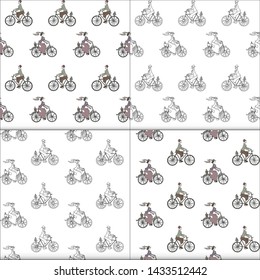 Set of retro bicyclist men and women. Vector illustration, vintage seamless patterns.