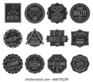 Set of retro black line emblems with hipster elements isolated vector illustration