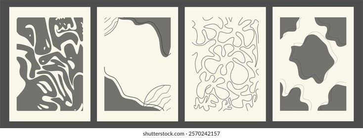 Set Retro black and white abstract pattern background, floral theme and wavy curved lines. abstract Set of bauhaus patterns