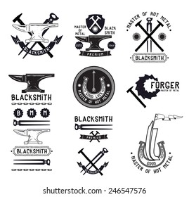 Set of retro blacksmith logo, labels design elements. Anvil symbol logo. Pliers hammer retro logo. Blacksmith vintage logo. Iron foundry logo sign.