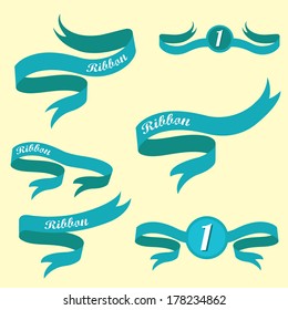 Set of retro blue ribbons and labels. Vector illustration. blue bow collection