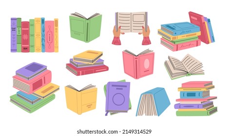 Set of retro books in colored covers and REED MORE books sign. Stacks of literature and textbook for reading and study. Hand drawn vector illustration isolated on white background. Flat cartoon style.