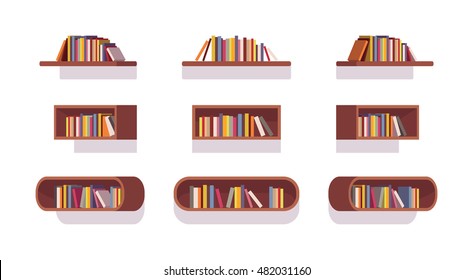 Set of retro bookshelves isolated against white background. Cartoon vector flat-style illustration