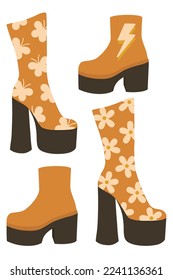 Set of retro boots with heels. Retro hippie boots in the style of the 70s. Vector set of boots with heels.