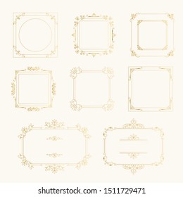Set of retro borders with ornate golden elements. Vector isolated illustration.