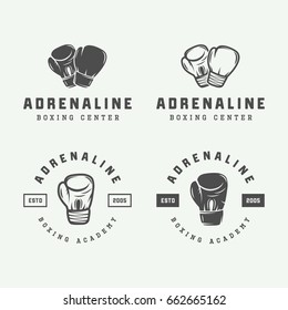 Set of retro boxing and martial arts logo badges and labels in vintage style. Monochrome graphic Art. Vector Illustration.

