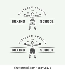Set of retro boxing and martial arts logo badges and labels in vintage style. Monochrome graphic Art. Vector Illustration.

