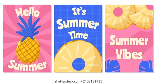Set of retro bright abstract posters with pineapple. Summer trendy vector illustration with season text. For banner, card, flyer, web design, a4 format.